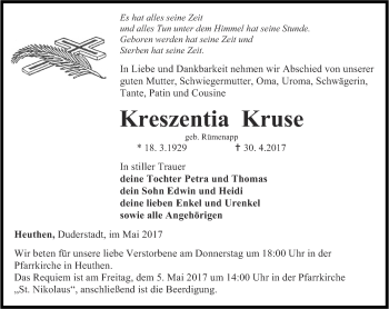 Traueranzeige von Kreszentia Kruse von Thüringer Allgemeine