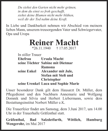 Traueranzeige von Reiner Macht von Ostthüringer Zeitung