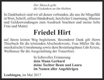 Traueranzeige von Friedel Hirt von Thüringer Allgemeine