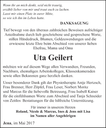 Traueranzeige von Uta Geilert von Ostthüringer Zeitung, Thüringische Landeszeitung