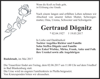 Traueranzeige von Gertraud Dögnitz von Ostthüringer Zeitung