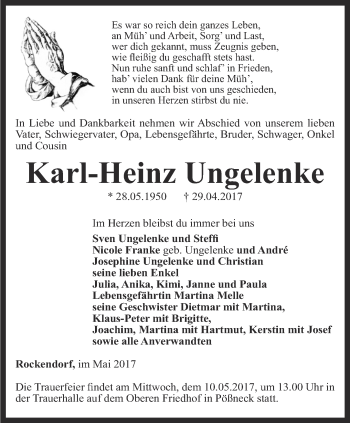 Traueranzeige von Karl-Heinz Ungelenke von Ostthüringer Zeitung