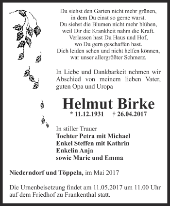 Traueranzeige von Helmut Birke von Ostthüringer Zeitung