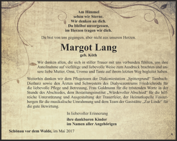 Traueranzeige von Margot Lang von Ostthüringer Zeitung, Thüringische Landeszeitung