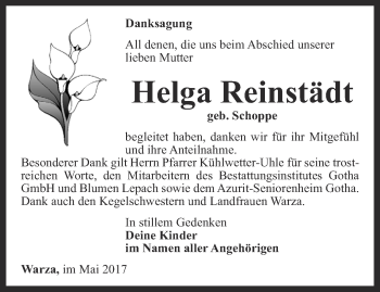 Traueranzeige von Helga Reinstädt von Ostthüringer Zeitung, Thüringische Landeszeitung