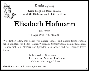 Traueranzeige von Elisabeth Hofmann von Thüringer Allgemeine