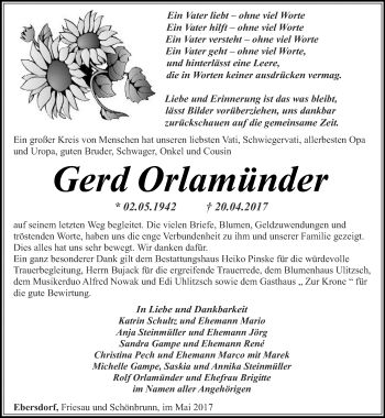 Traueranzeige von Gerd Orlamünder von Ostthüringer Zeitung