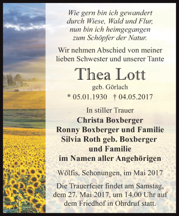 Traueranzeige von Thea Lott von Ostthüringer Zeitung, Thüringische Landeszeitung