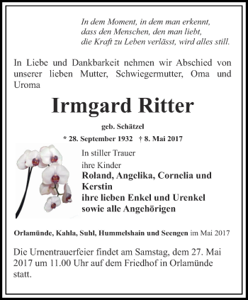 Traueranzeige von Irmgard Ritter von Ostthüringer Zeitung, Thüringische Landeszeitung
