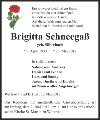 Traueranzeige von Brigitta Schneegaß von Thüringer Allgemeine, Thüringische Landeszeitung