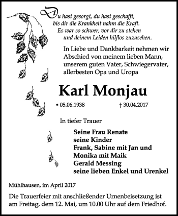 Traueranzeige von Karl Monjau von Thüringer Allgemeine, Thüringische Landeszeitung