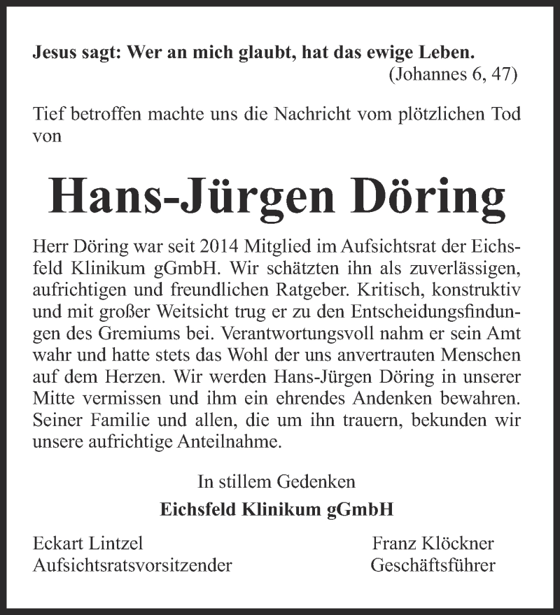  Traueranzeige für Hans-Jürgen Döring vom 06.05.2017 aus Thüringer Allgemeine