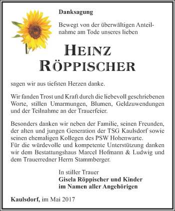 Traueranzeige von Heinz Röppischer von Ostthüringer Zeitung