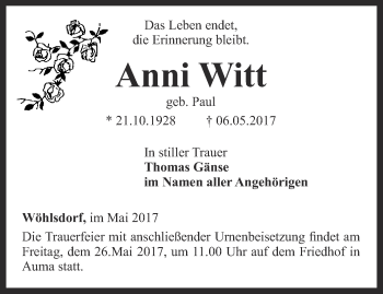 Traueranzeige von Anni Witt von Ostthüringer Zeitung