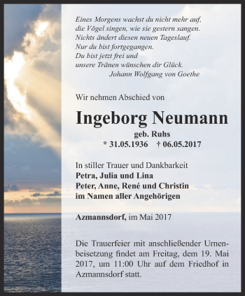 Traueranzeige von Ingeborg Neumann von Thüringer Allgemeine, Thüringische Landeszeitung