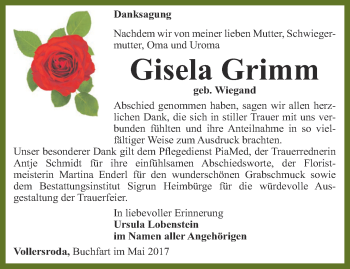 Traueranzeige von Gisela Grimm von Thüringer Allgemeine, Thüringische Landeszeitung