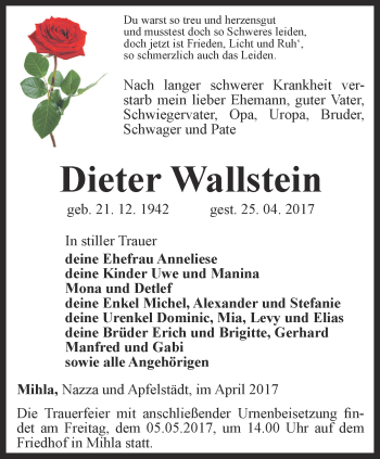 Traueranzeige von Dieter Wallstein von Thüringer Allgemeine, Thüringische Landeszeitung