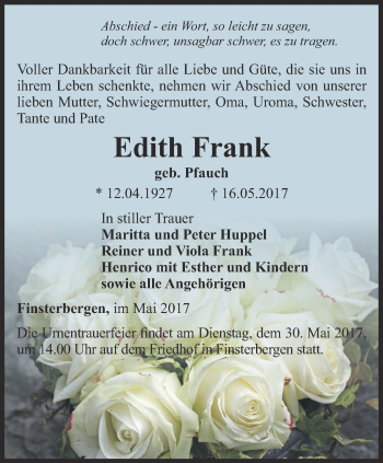 Traueranzeige von Edith Frank von Ostthüringer Zeitung, Thüringische Landeszeitung