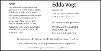 Traueranzeige von Edda Vogt von Ostthüringer Zeitung, Thüringische Landeszeitung