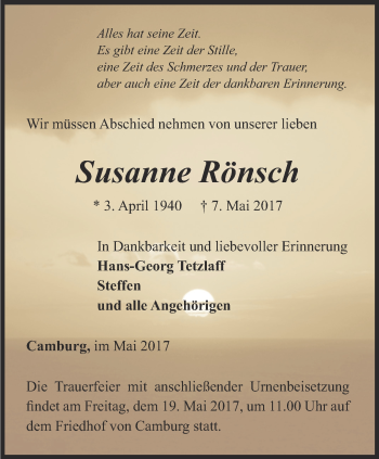 Traueranzeige von Susanne Rönsch von Ostthüringer Zeitung, Thüringische Landeszeitung