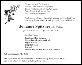 Traueranzeige von Johanne Spitzner von Ostthüringer Zeitung