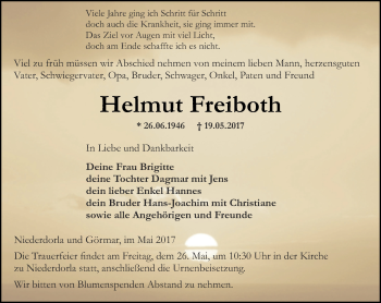 Traueranzeige von Helmut Freiboth von Thüringer Allgemeine, Thüringische Landeszeitung