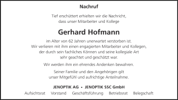 Traueranzeige von Gerhard Hofmann von Ostthüringer Zeitung, Thüringische Landeszeitung