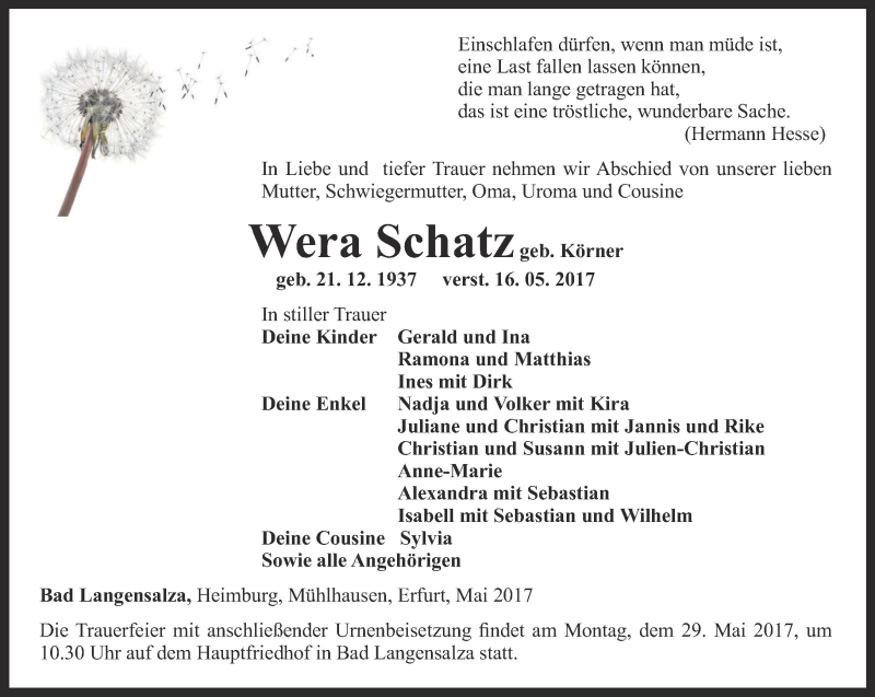  Traueranzeige für Wera Schatz vom 23.05.2017 aus Thüringer Allgemeine, Thüringische Landeszeitung