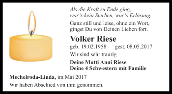 Traueranzeige von Volker Riese von Thüringer Allgemeine, Thüringische Landeszeitung