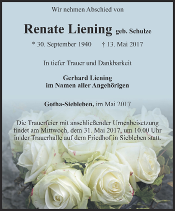 Traueranzeige von Renate Liening von Ostthüringer Zeitung, Thüringische Landeszeitung