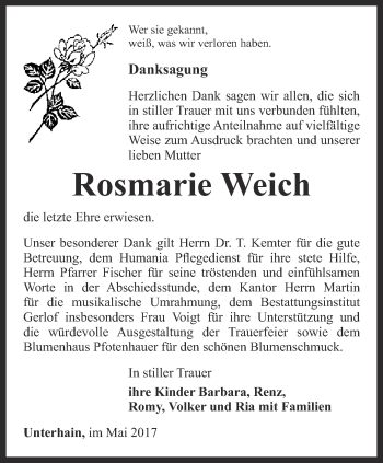 Traueranzeige von Rosmarie Weich von Ostthüringer Zeitung