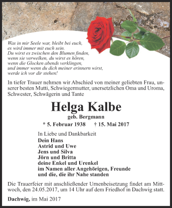 Traueranzeige von Helga Kalbe von Thüringer Allgemeine, Thüringische Landeszeitung