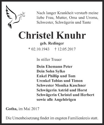 Traueranzeige von Christel Knuhr von Ostthüringer Zeitung, Thüringische Landeszeitung