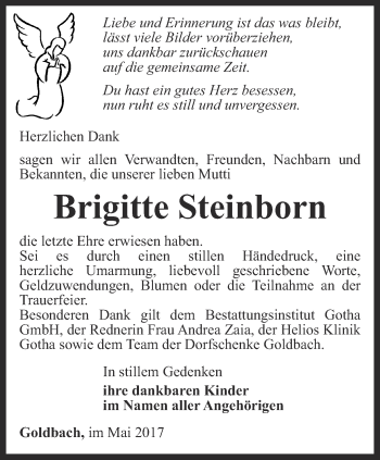 Traueranzeige von Brigitte Steinborn von Ostthüringer Zeitung, Thüringische Landeszeitung