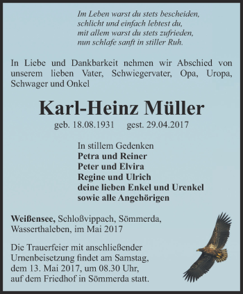 Traueranzeige von Karl-Heinz Müller von Thüringer Allgemeine