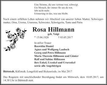 Traueranzeige von Rosa Hillmann von Thüringer Allgemeine, Thüringische Landeszeitung