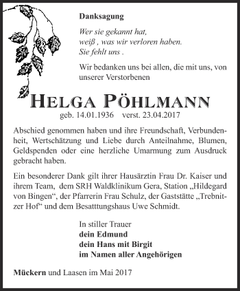 Traueranzeige von Helga Pöhlmann von Ostthüringer Zeitung