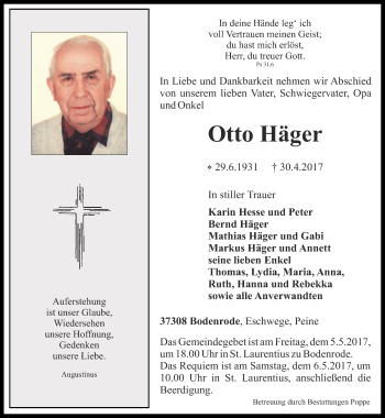 Traueranzeige von Otto Häger von Thüringer Allgemeine