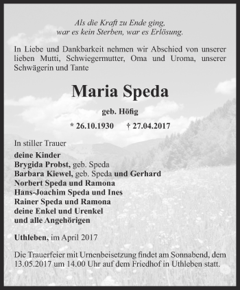 Traueranzeige von Maria Speda von Thüringer Allgemeine