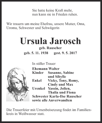 Traueranzeige von Ursula Jarosch von Ostthüringer Zeitung
