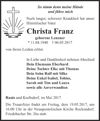 Traueranzeige von Christa Franz von Ostthüringer Zeitung