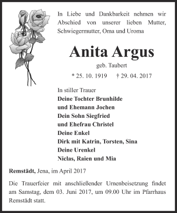 Traueranzeige von Anita Argus von Ostthüringer Zeitung, Thüringische Landeszeitung
