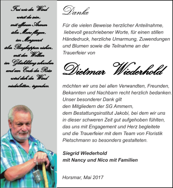 Traueranzeige von Dietmar Wiederhold von Thüringer Allgemeine, Thüringische Landeszeitung