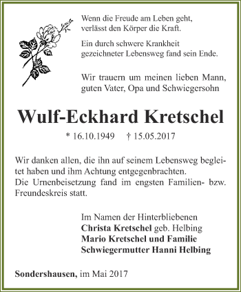 Traueranzeige von Wulf-Eckhard Kretschel von Thüringer Allgemeine
