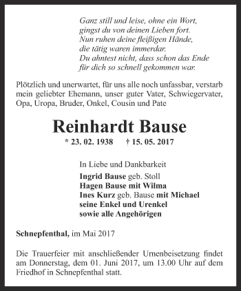 Traueranzeige von Reinhardt Bause von Ostthüringer Zeitung, Thüringische Landeszeitung