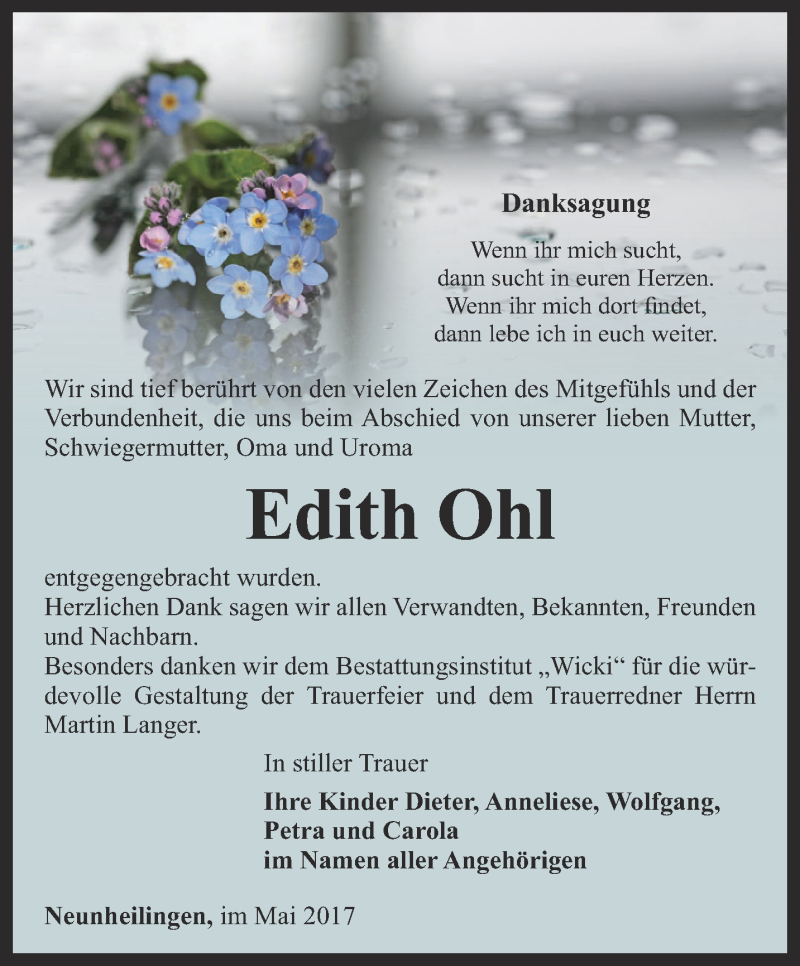  Traueranzeige für Edith Ohl vom 20.05.2017 aus Thüringer Allgemeine, Thüringische Landeszeitung