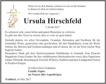 Traueranzeige von Ursula Hirschfeld von Thüringer Allgemeine