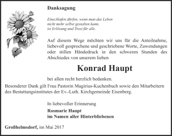 Traueranzeige von Konrad Haupt von Ostthüringer Zeitung