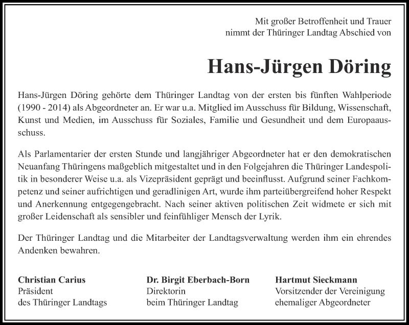  Traueranzeige für Hans-Jürgen Döring vom 06.05.2017 aus Thüringer Allgemeine, Thüringische Landeszeitung, Ostthüringer Zeitung