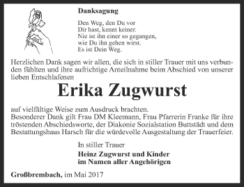 Traueranzeige von Erika Zugwurst von Thüringer Allgemeine